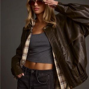 12th Tribe Brown Leather Jacket with Collared Neckline and Elastic Waistband